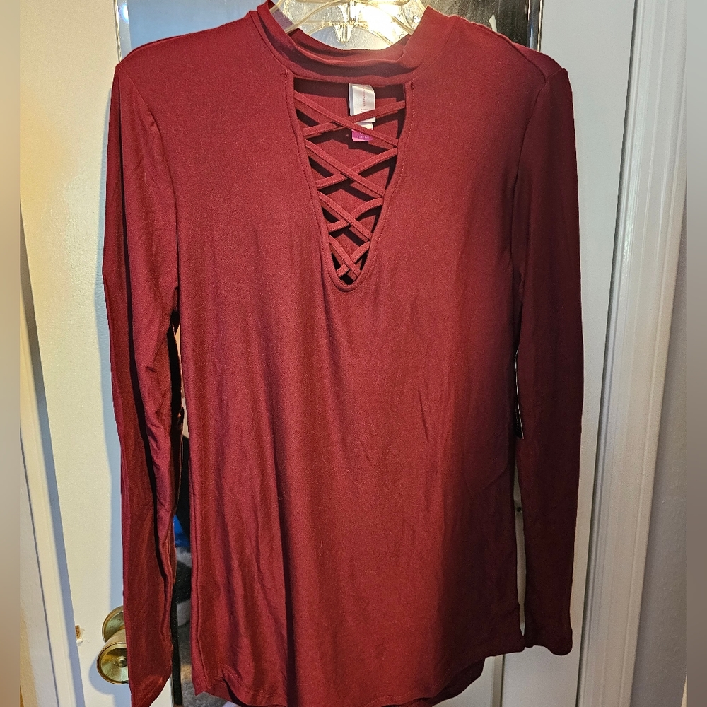 Maroon long sleeve with criss cross detail